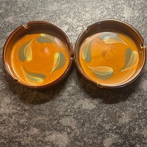 Set of 2 ceramic vintage ash trays. Brown with green and gold painting i…